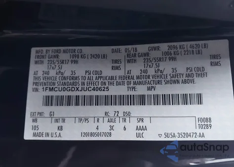2018 Ford Escape Se из США, поврежденный, VIN 1FMCU0GDXJUC40625